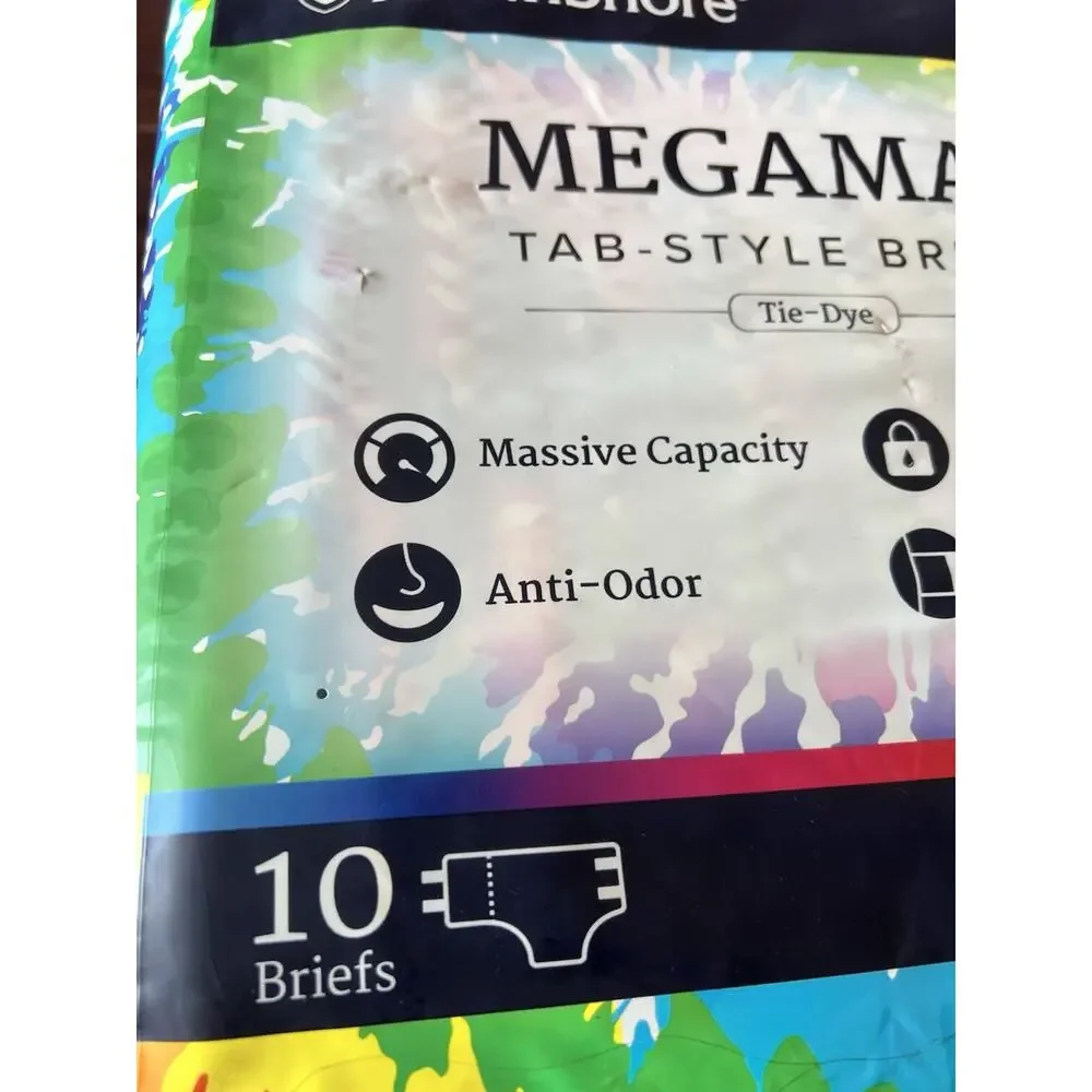 NorthShore MEGAMAX TAB-STYLE BRIEFS Tie-Dye 10 Adult Diapers Sz M 32-44in 12 Hrs